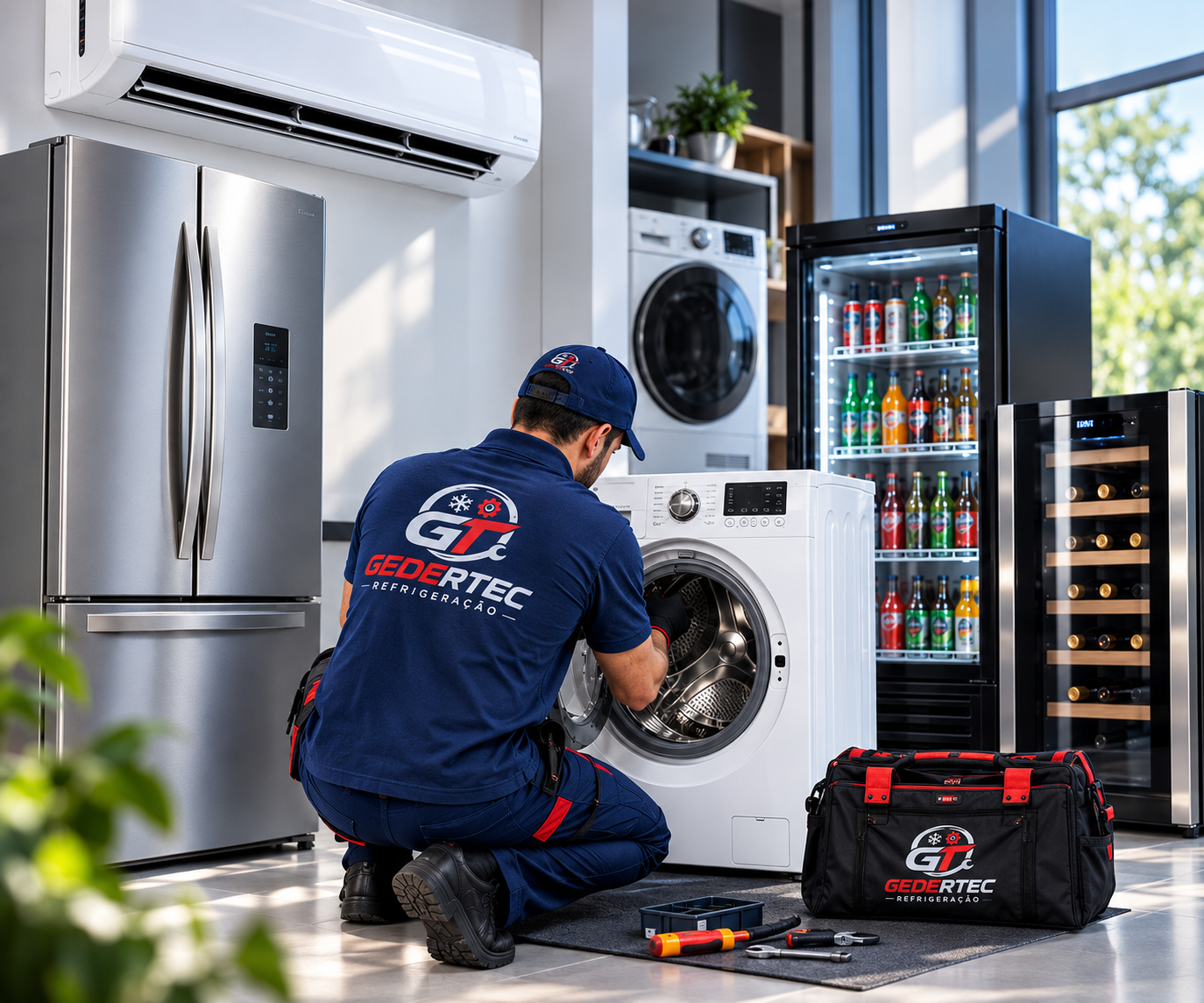 Técnico da Gedertec realizando manutenção em ar-condicionado